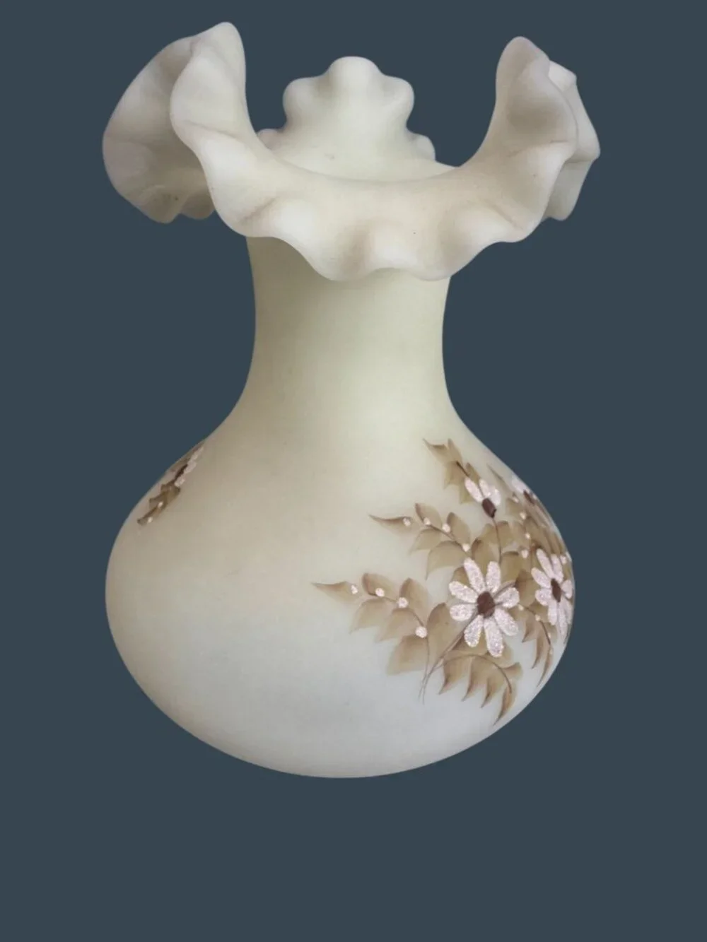 Vintage Fenton Custard Satin Uranium Glass Hand Painted Vase Alexis J Knopp UV